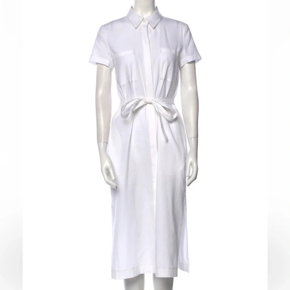 Theory Linen Blend White Midi Tie Button Front Shirt Dress
